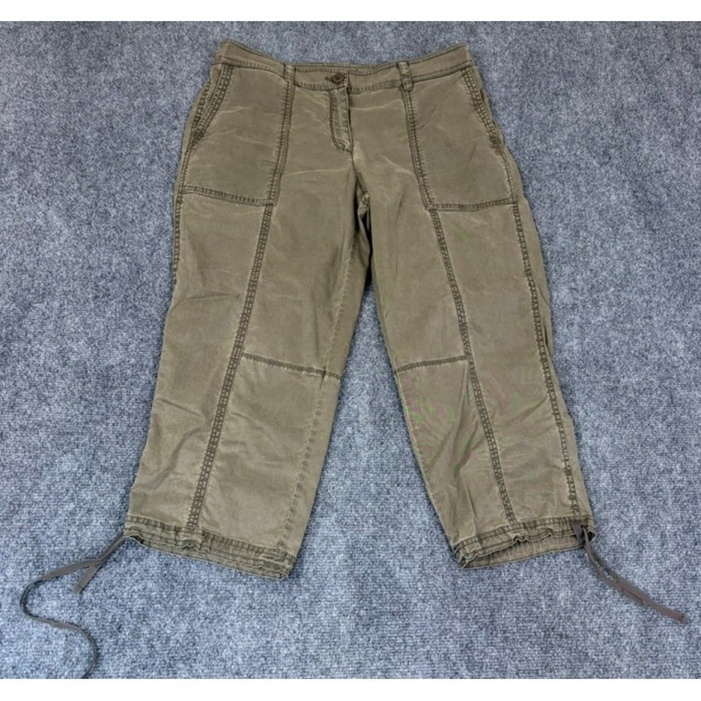 Eileen Fisher Cropped Green High Rise Capri Pants Drawstring Hem Pockets Size 12